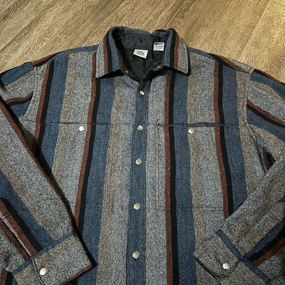 Vintage Shirt Jacket Mens XL Gray Striped Quilted Lined Shacket Wool Blend Snaps - Picture 4 of 10
